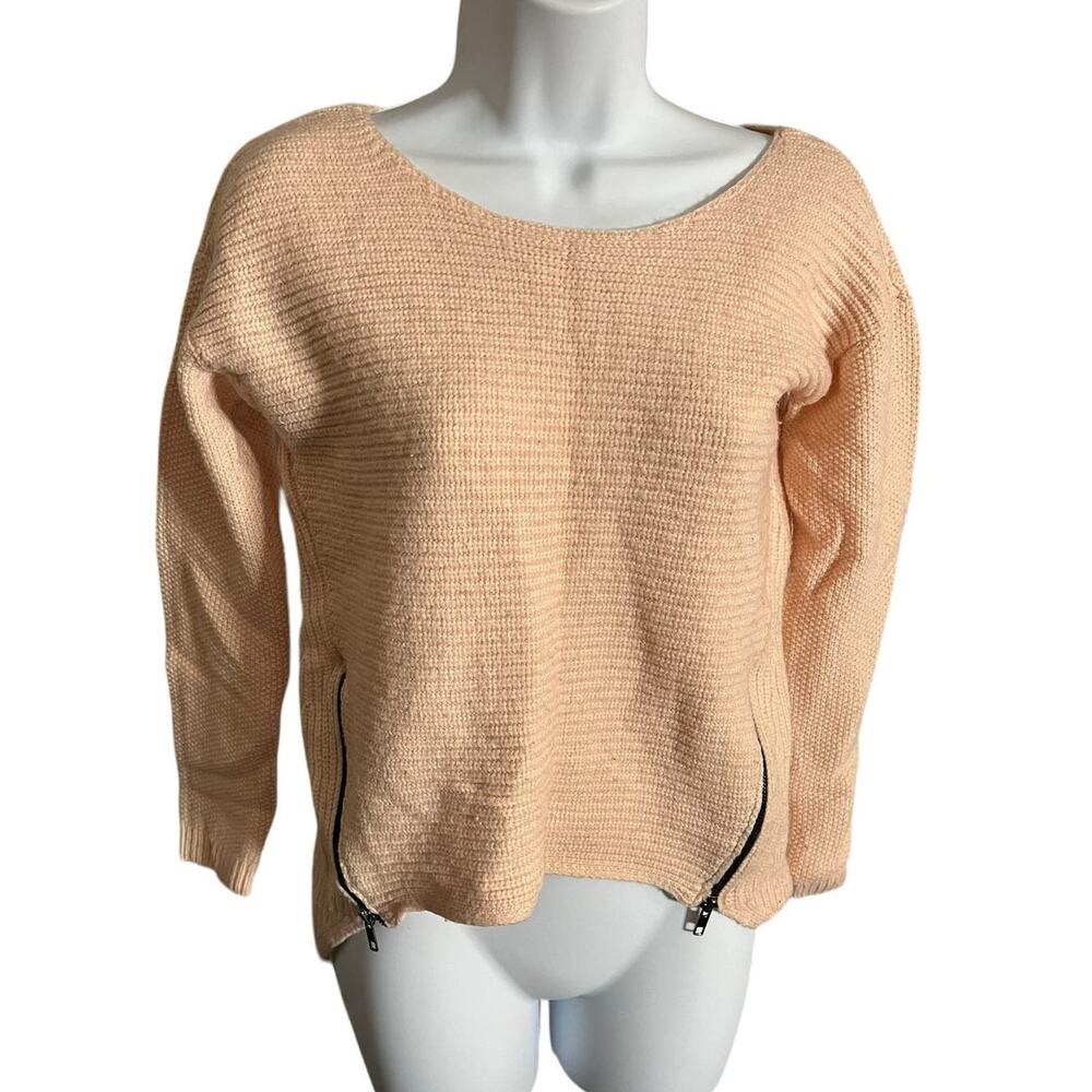 Bar III peach pink wool blend knit pullover sweater boat neck zipper accents Med